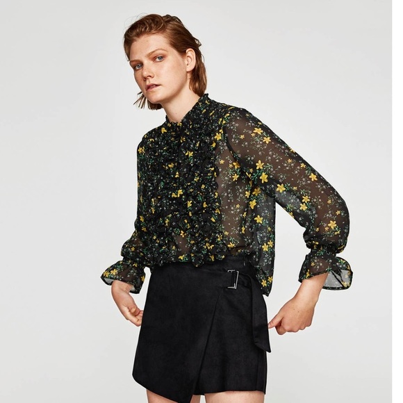 Zara sheer black and yellow floral print blouse - Picture 1 of 4